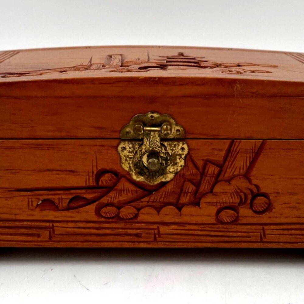 Vintage Wooden Pagoda Jewelry Box Mirrored Carved Design Red Velvet Interior